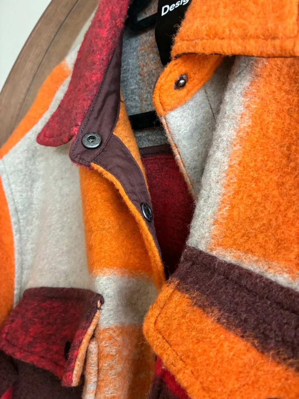 Desigual Red Orange Brown Cream Colorblock Belted Wool Coat - Picture 7 of 8